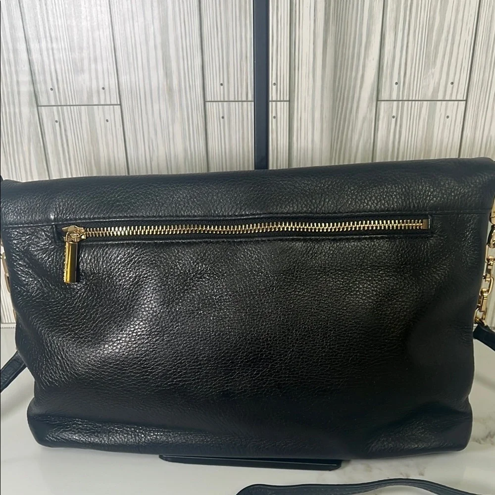 Tory Burch Bombe Fold-Over Crossbody/Clutch Black Pebbled Leather Bag